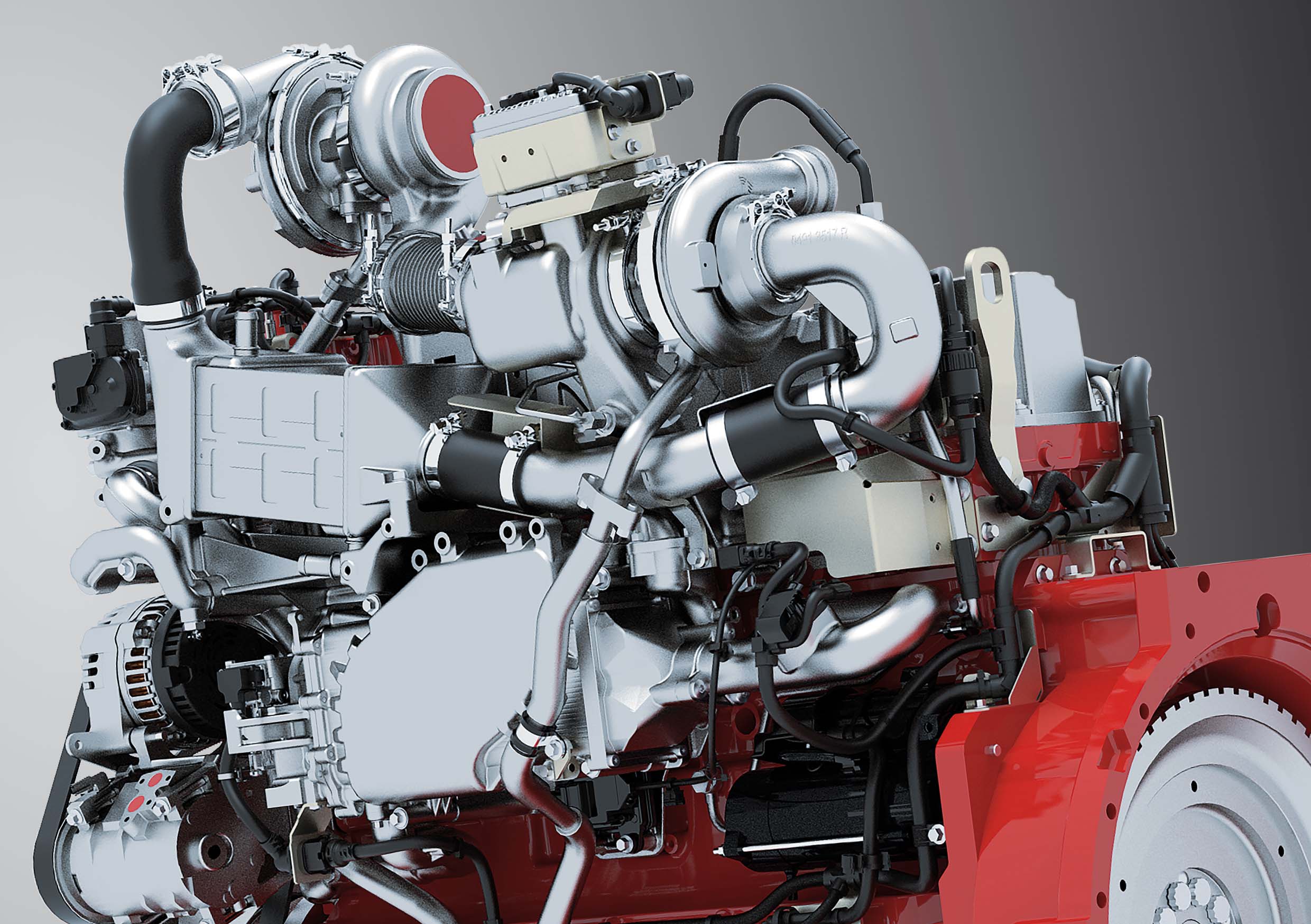3D-weergave van een geavanceerd motorblok, met een focus op de technische componenten zoals leidingen, kleppen en de turbo-opstelling.